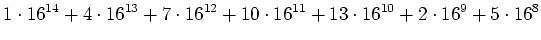 $\displaystyle 1 \cdot 16^{14}+4 \cdot 16^{13}+7 \cdot 16^{12}+10\cdot 16^{11}+ 13\cdot 16^{10}+2 \cdot 16^9 +5 \cdot 16^8$