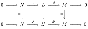 $\displaystyle \begin{CD}
0 @»> N @>\alpha» L @>\beta» M @»> 0\\
@. @V=VV @VVV @V=VV @. \\
0 @»> N @>\alpha'» L' @>\beta'» M @»> 0.\\
\end{CD}$