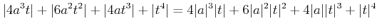 $\displaystyle \vert 4 a^3 t\vert + \vert 6 a^2 t^2\vert +\vert 4 a t^3\vert +\v...
... \vert a\vert^2 \vert t\vert^2 + 4 \vert a\vert \vert t\vert^3 + \vert t\vert^4$