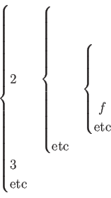 \begin{displaymath}
\begin{cases}
\text{2項関係} &
\begin{cases}
\text{大...
...\end{cases} \\
\text{3項関係 } & \\
\text{etc}
\end{cases}\end{displaymath}